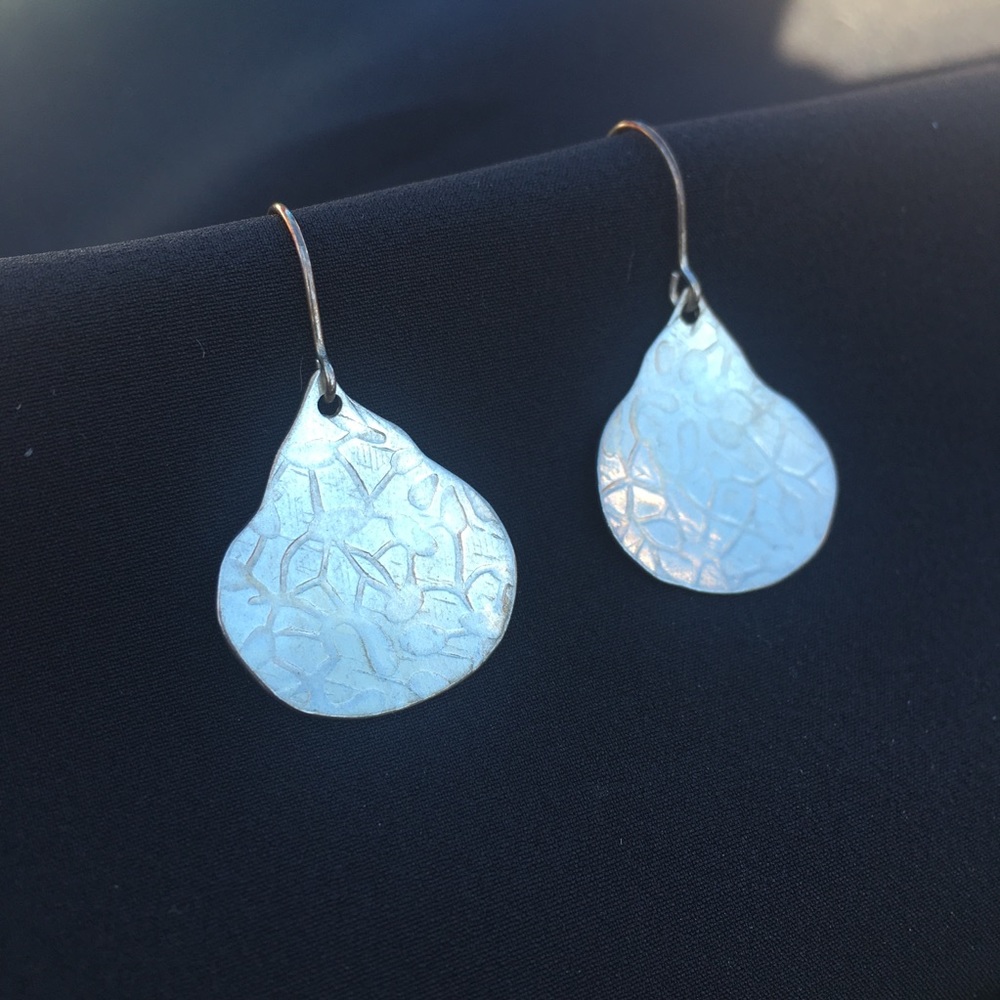 Silver Earrings - Textured Teardrop Dangle with Organic/Abstract Stamped Pattern - Picture 5 of 9